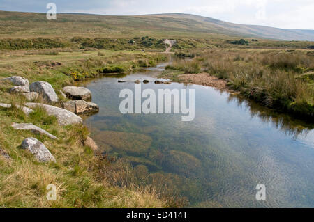 The upper reaches of the River Taw near Belstone on Dartmoor, with Cosdon Hill to the east Stock Photo
