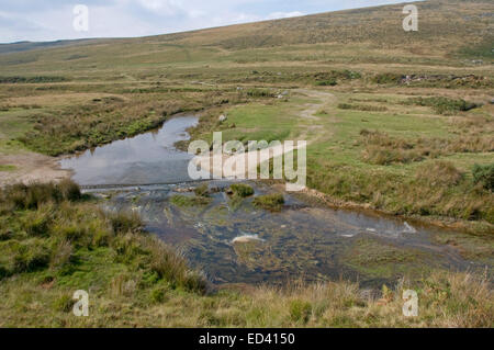 Ford across the upper reaches of the River Taw near Belstone on Dartmoor Stock Photo