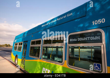 A gas powered bus in Bakersfield, California, USA. following the four year long drought, Bakersfield is now the driest city in the USA. Stock Photo