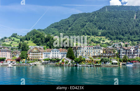 Weggis seafront with hotels on Lake Lucerne in Switzerland Stock Photo