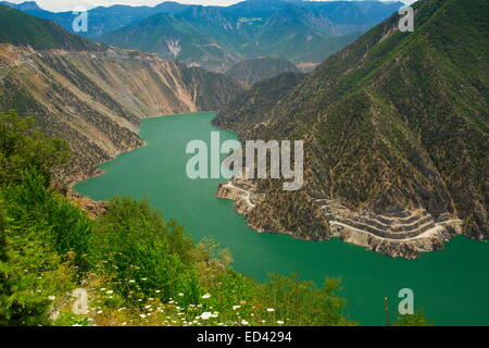 Dams under construction in The Coruh River valley (Coruh Nehri), near Artvin, currently being heavily dammed. North-east Turkey, Stock Photo