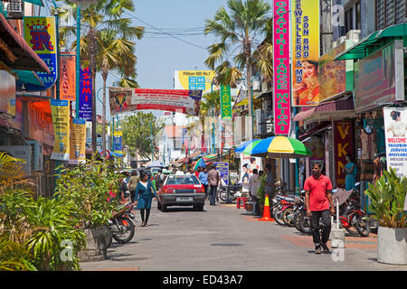 Colourful signboards in shopping street in Little India, ethnic Indian enclave in George Town / Georgetown, Penang, Malaysia Stock Photo