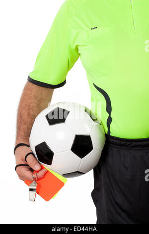 Referee with ball whistle and cards  before the match Stock Photo