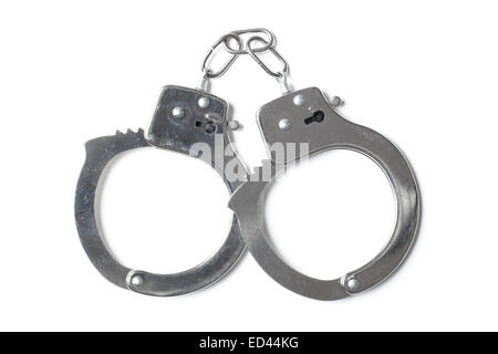 Locked steel handcuffs isolated on white background