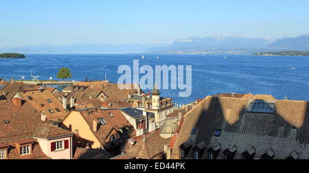 View on lake of Geneva from old townscape of Nyon, Switzerland Stock Photo
