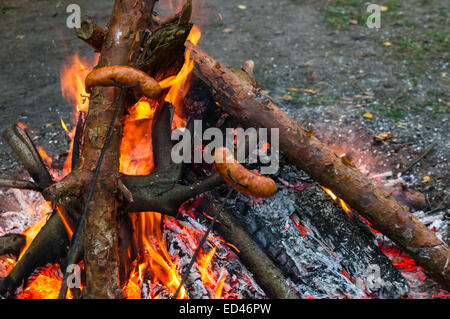 roasting sausages over open fire Stock Photo