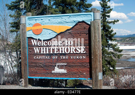 Welcome to Whitehorse sign on the Alcan highway in the Yukon Territory Canada Stock Photo