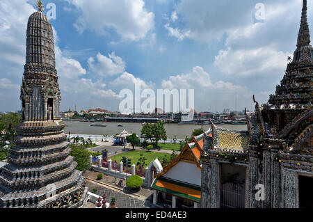 THAILAND - View across the Mae Nam Chao Phray (River) from high up on the main tower of Wat Arun (Temple of Dawn) in Bangkok. Stock Photo