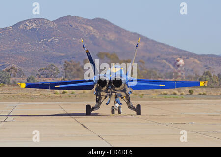 Blue Angels F-18 Hornet prepares for take-off at 2014 Miramar Air Show Stock Photo