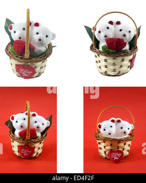 A cute white teddy bears with with rose in basket. Stock Photo