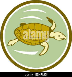 Illustration of a sea marine turtle swimming viewed from the side set inside circle on isolated background done in cartoon style. Stock Photo