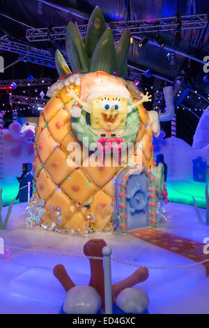 Ice Land 9 degrees attraction at Christmas at Moody Gardens. Amazing display of ice sculptures with children's Spongebob story. Stock Photo