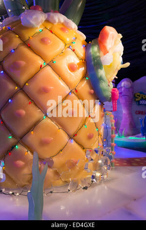 Ice Land 9 degrees attraction at Christmas at Moody Gardens. Amazing display of ice sculptures with children's Spongebob story. Stock Photo