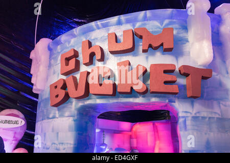 Ice Land 9 degrees attraction at Christmas at Moody Gardens. Amazing display of ice sculptures with children's Spongebob story. Stock Photo