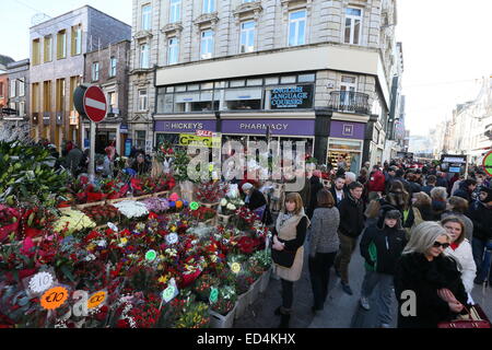 Image of flower stalls on Grafton Street in Dublin city centre as trade booms in the run up to Christmas. Stock Photo