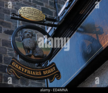 Greyfriars Bobby historic pub sign outside at dusk, Edinburgh Old Town, Dog outside, Lothians, Scotland, UK Stock Photo