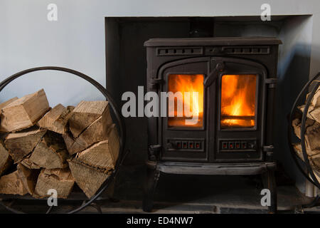 A small cast iron log-burning stove fire , with wooden logs stacked ready to burn, UK Stock Photo