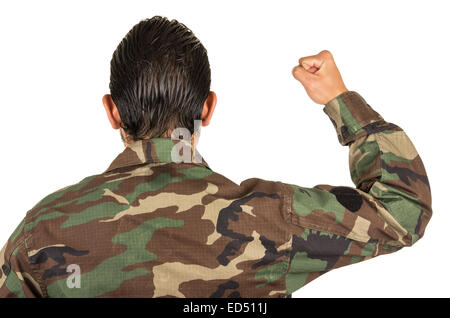 rear view of man in military uniform with fist up Stock Photo