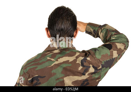 rear view of man in military uniform saluting Stock Photo