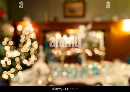 Christmas Day Holiday Celebration Dinner Table Decorations Blurred Defocused Bokeh Background Closeup Stock Photo