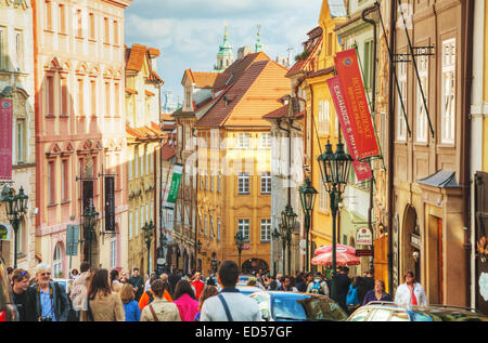 PRAGUE - OCTOBER 18: Crowded street of Old town on October 18, 2014 in Prague, Czech Republic. Prague has been a political, cult Stock Photo