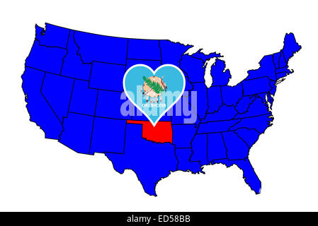 Oklahoma state outline and icon inset set into a map of The United States of America Stock Photo