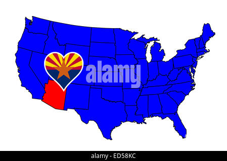 Arizona state outline and icon inset set into a map of The United States of America Stock Photo