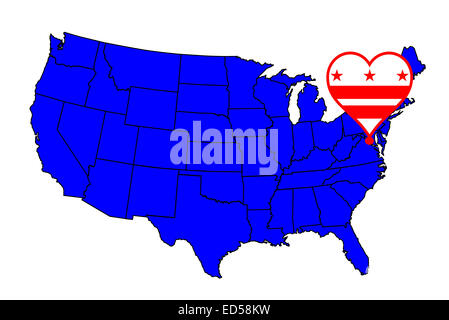 Washington DC district outline and icon inset set into a map of The United States of America Stock Photo