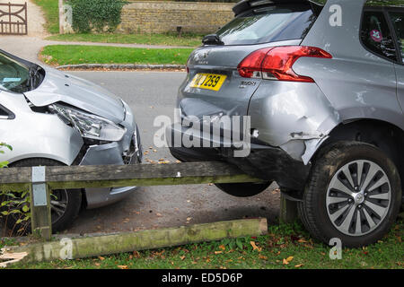 Parking accident Copsehill Road Lower Slaughter The Cotswolds Gloucestershire England Stock Photo