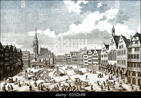 Historical  cityscape, Roemerberg square, Frankfurt am Main, Hesse, Germany, 18th Century, historische Stadtansicht von Frankfur Stock Photo