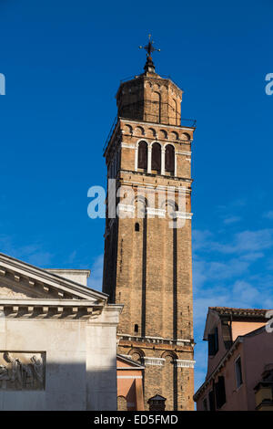 the leaning campanile of Santo Stefano church, Venice, viewed from Campo San Maurizio, Venice, Italy Stock Photo