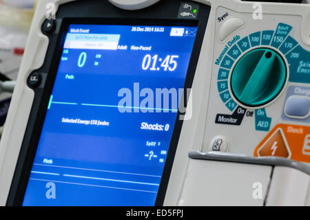 Defibrillator sitting ready for use on a hospital Crash Trolley. Stock Photo