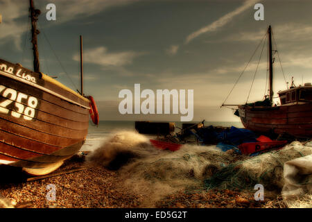 Hastings is the place to be if you want to photograph fihing boats on the beach, as in this case with the boat Mona Lisa. Hastin Stock Photo