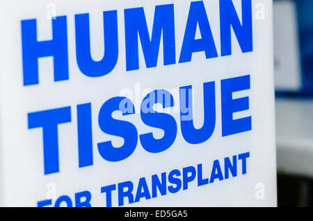 Box in a hospital saying 'Human Tissue for transplant' containing surgical pack for organ harvesting, and instructions for transportation Stock Photo