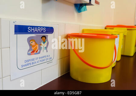 Warning beside a sharps box to dispose of sharps (used needles etc), in a sharps box at the point of use. Stock Photo