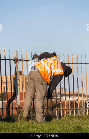Offender working at Southsea Castle, Portsmouth, carrying out community service; orange jacket inscribed 'Community Payback' Stock Photo