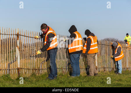 Offenders working at Southsea Castle, Portsmouth, carrying out community service; orange jackets inscribed 'Community Payback' Stock Photo