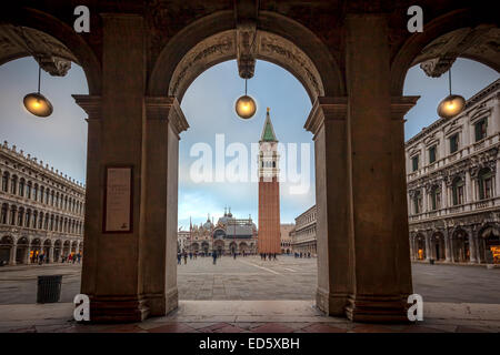 VENICE - Saint Mark´s Square (Piazza San Marco) with Bell Tower (Campanile) from underneath a portico, Italy Stock Photo