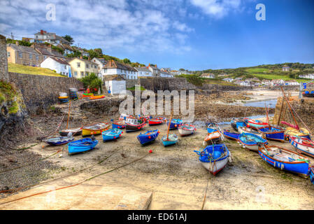 Boats Coverack harbour Cornwall England UK coastal fishing village on the Lizard Heritage coast like painting in HDR Stock Photo
