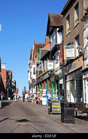 Shops along Bridge Street in the town centre, Evesham, Worcestershire, England, UK, Western Europe. Stock Photo