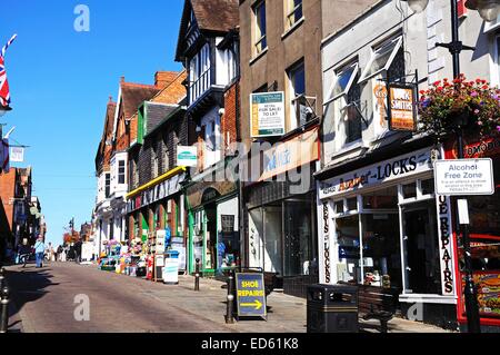 Shops along Bridge Street in the town centre, Evesham, Worcestershire, England, UK, Western Europe. Stock Photo