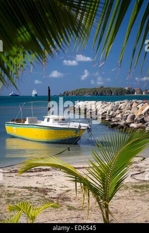 Boat tied up along the beach in Philipsburg, Sint Maarten, West Indies