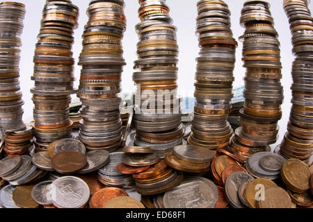 Currency - A collection of old coins from around the world. Stock Photo