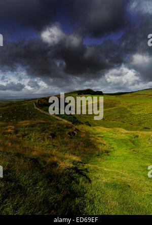 The scene looking along Hadrians Wall at Once Brewed in the Northumberland National Park. Northumberland Canvas. Northumberland  Stock Photo