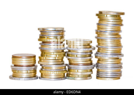 Shiny euro coins in stack isolated on white background Stock Photo