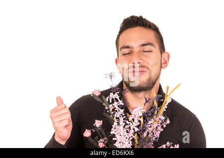 handsome young man holding a flower bouquet Stock Photo