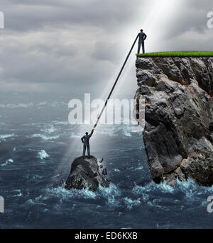 Embrace opportunity business concept as a person in a crisis stranded in the ocean being supported by an extended helping hand by another man on top of a high cliff on solid ground.