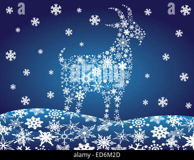 2014 Chinese Lunar New Year of the Goat Silhouette with Snowflakes Pattern on Night Winter Snow Scene Background Illustration Stock Photo