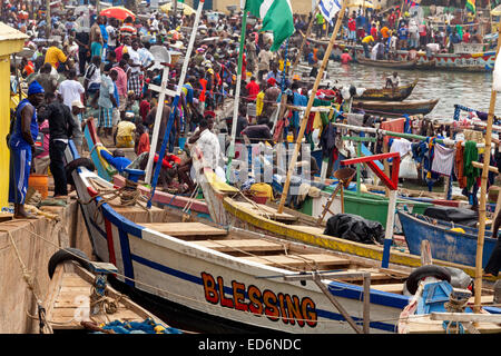 Fishing boats at quayside, Elmina, Ghana, Africa Stock Photo