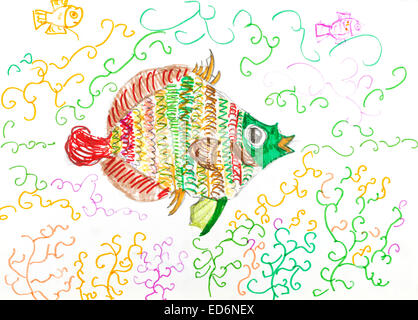 child's drawing - multi-color fish fish between algae by felt-tip pen Stock Photo